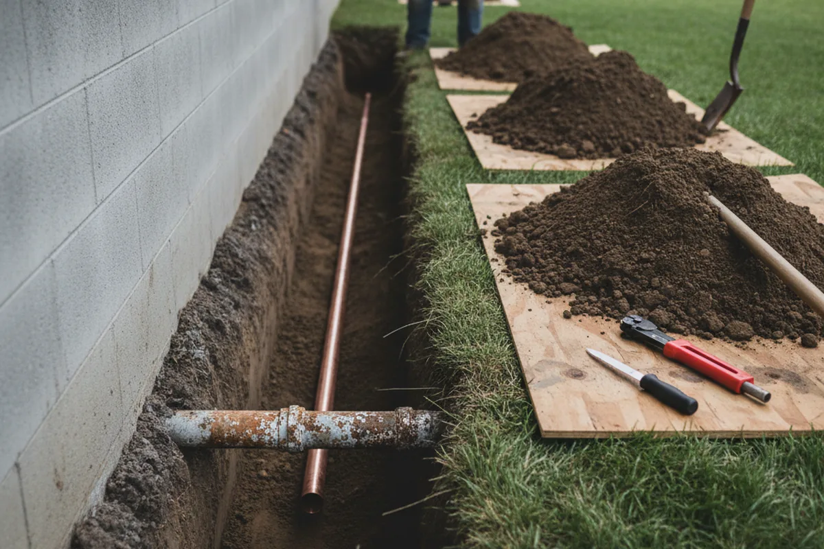 Excavated water line trench during Water Heater Repair in Loganville
